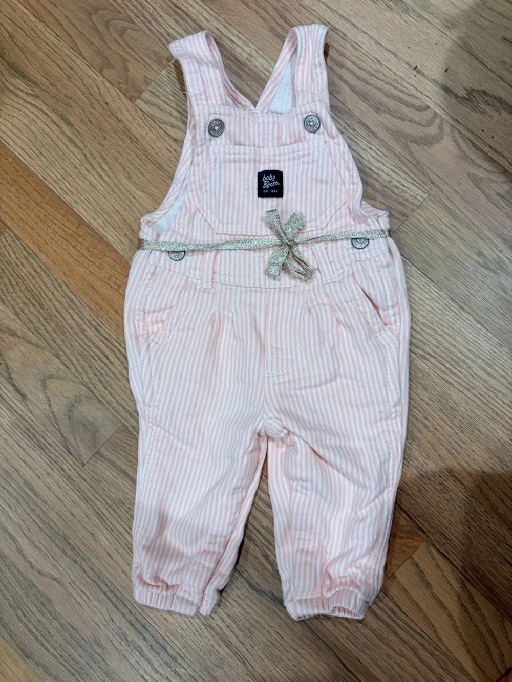 OshKosh baby girl pink pinstripe overalls with gold belt